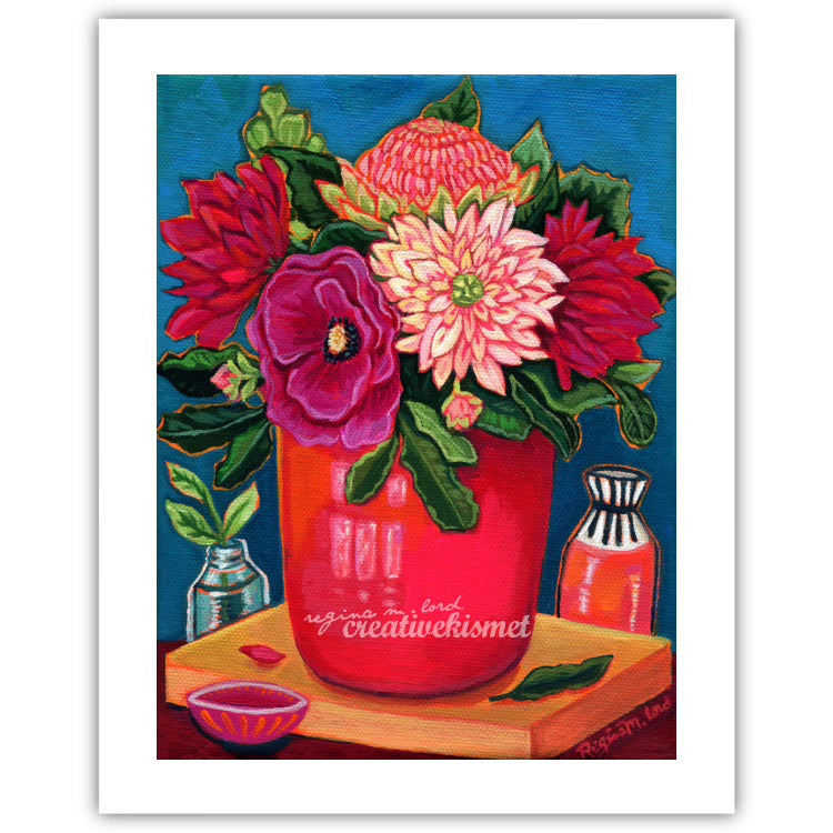 Red Vase of Flowers - Art Print