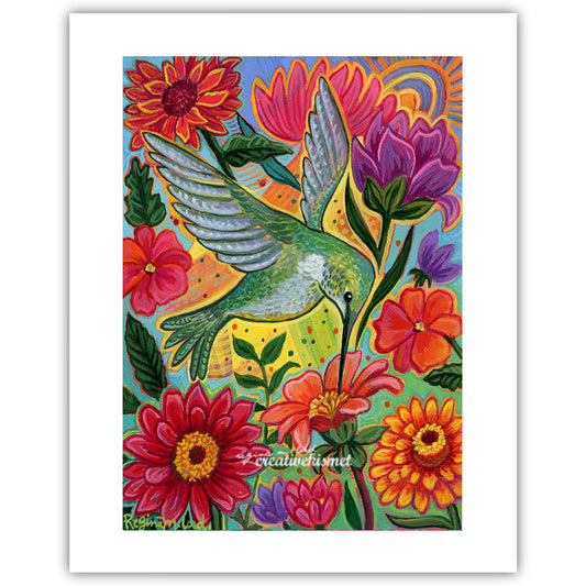 Joyful Floral Hummingbird - Art Print