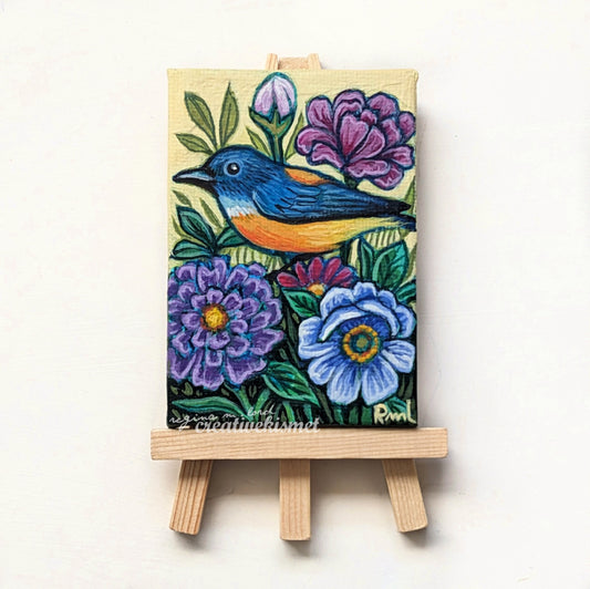 Mini Birds & Blooms - Bluebird - 2.5 x 3.5 Original Art