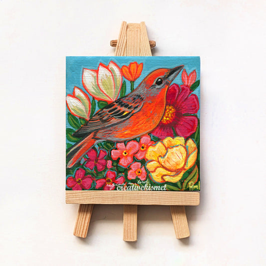 Mini Birds & Blooms - Scarlet Tanager - 3 x 3 Original Art