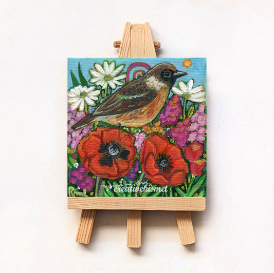Mini Birds & Blooms - Sparrow - 3 x 3 Original Art