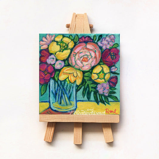 Mini Bouquet - Pink and Yellow Blooms - 3 x 3 Original Art