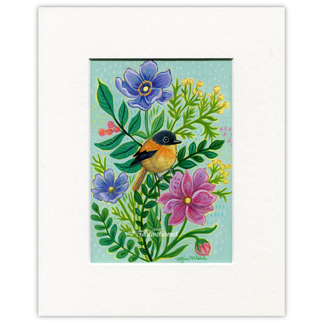 Little Flower Bird - 8 x 10 Matted Original Painting