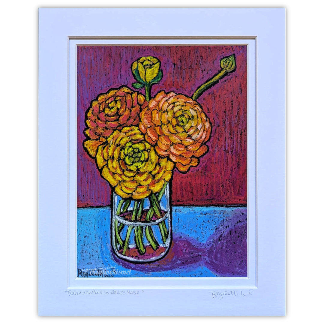 Ranunculus in Glass Vase - 8 x 10 Matted Original Art - Oil Pastel
