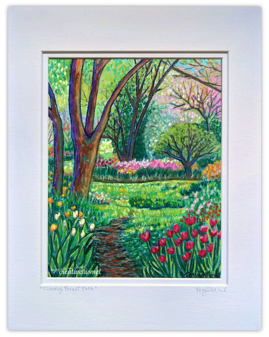Flowery Forest Path - 11 x 14 Matted Original Painting - Oil Pastel