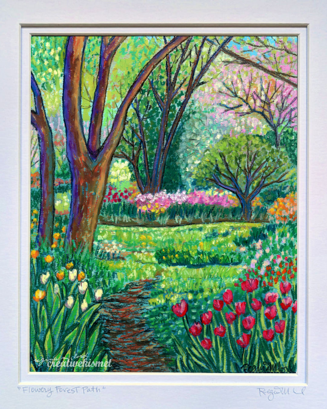 Flowery Forest Path - 11 x 14 Matted Original Painting - Oil Pastel