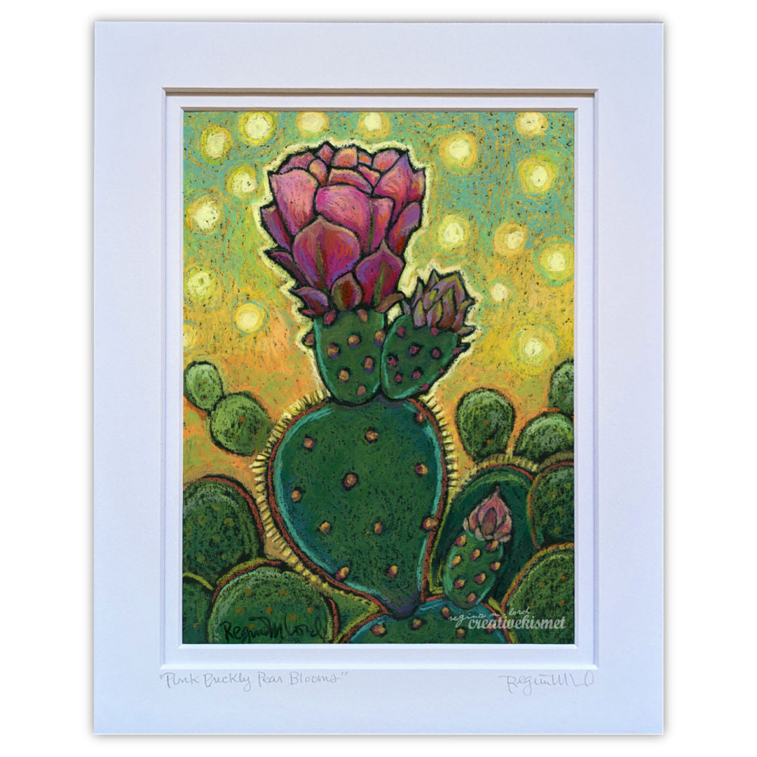 Pink Prickly Pear Bloom - 8 x 10 Matted Original Art - Oil Pastel