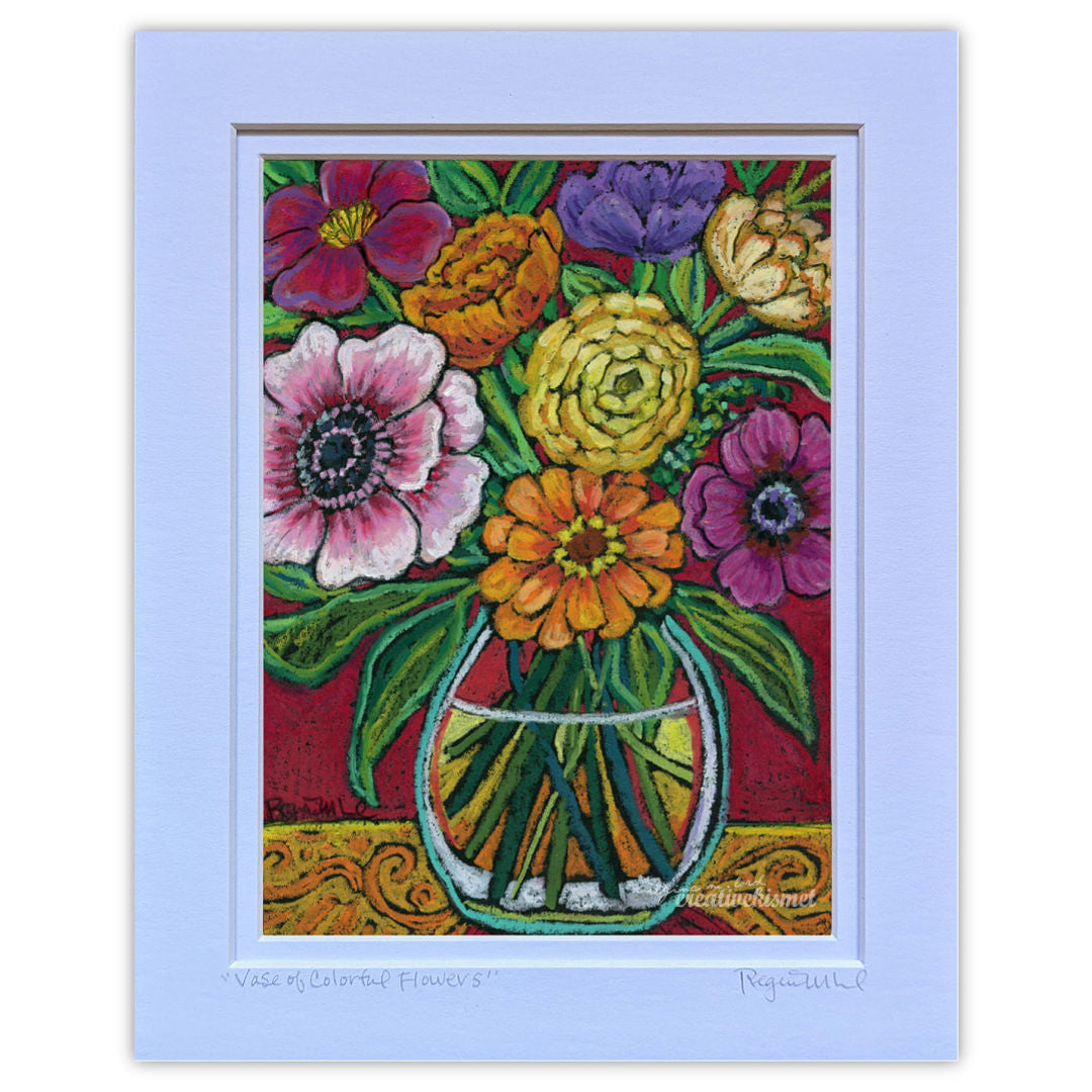 Vase of Colorful Flowers - 8 x 10 Matted Original Art - Oil Pastel