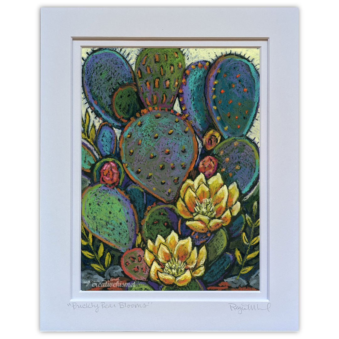 Prickly Pear Blooms - 8 x 10 Matted Original Art - Oil Pastel