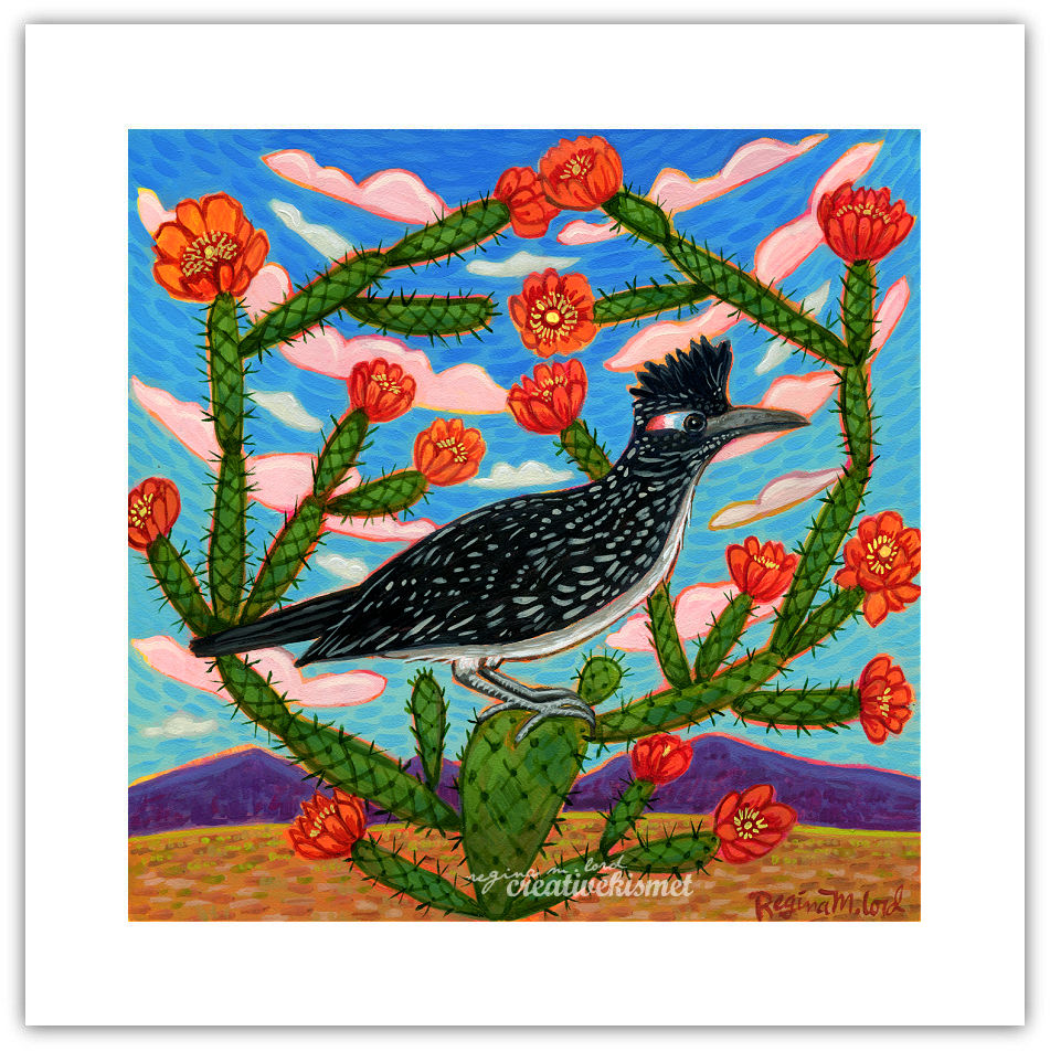 Roadrunner with Cholla Blooms - Art Print