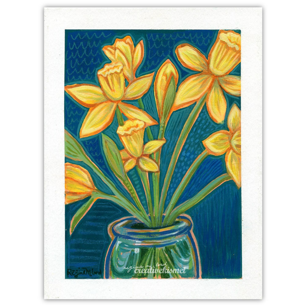Daffodil Teal - 6 x 8 Original Painting on Paper