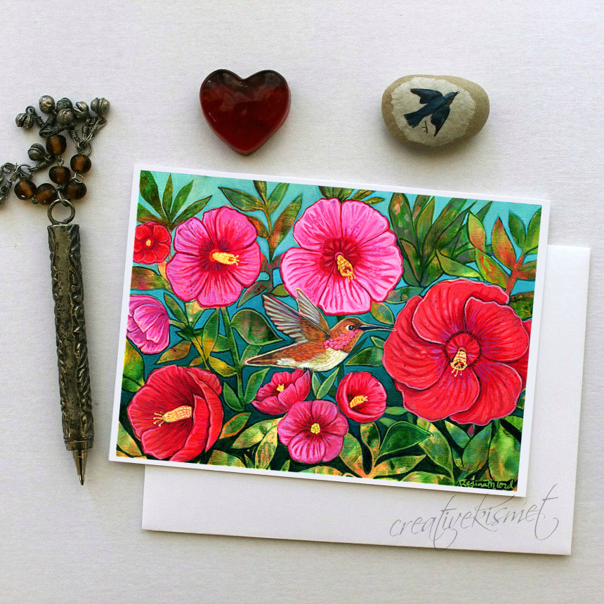 Hummingbird & Hibiscus- 5x7 Art Card with Envelope