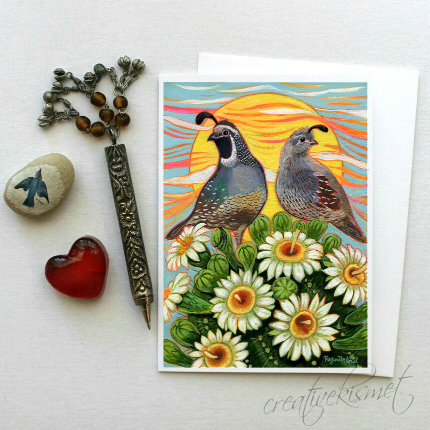 Portrait of a Quail Couple - 5x7 Art Card with Envelope