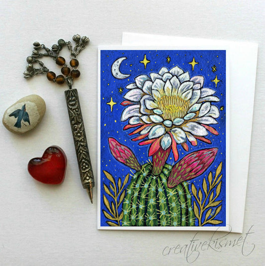 Moonlit Cactus Bloom - 5x7 Art Card with Envelope