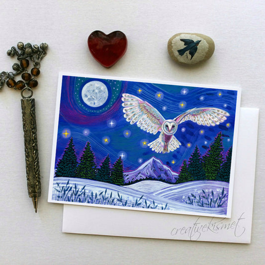 Night Traveler - Winter Barn Owl  - 5x7 Art Card with Envelope