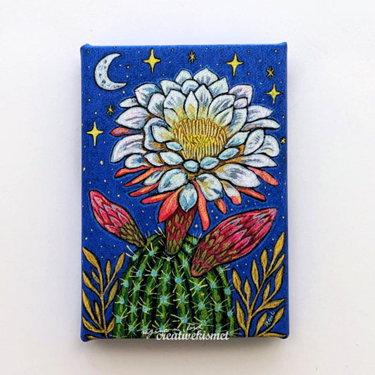 Canvas Block Print - Moonlit Cactus Bloom