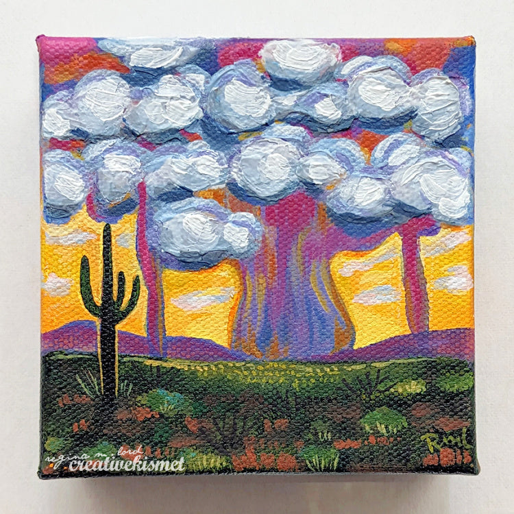 Mini Arizona Landscape - Sunshine Monsoon - 4 x 4 Original Artwork