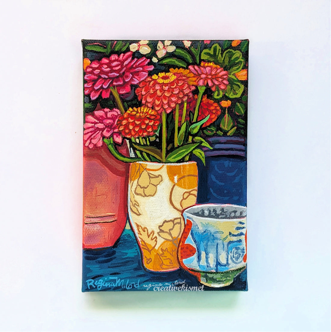 Vase of Zinnias - 4 x 6 Original Art