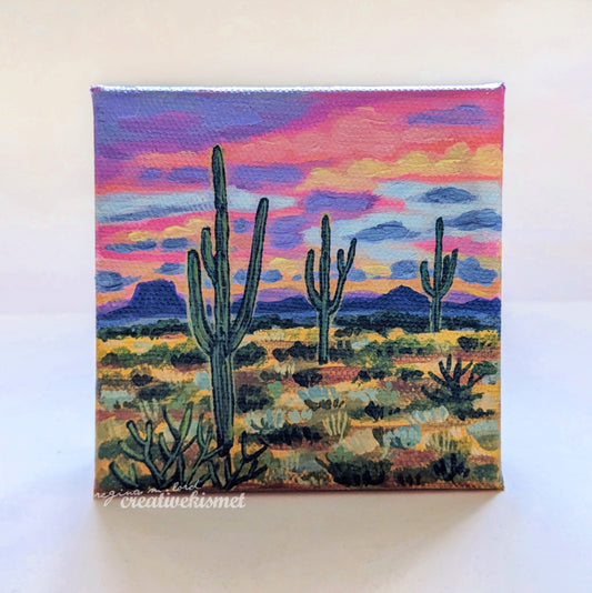 Mini Arizona Landscape - Cotton Candy Desert Sky - 4 x 4 Original Artwork
