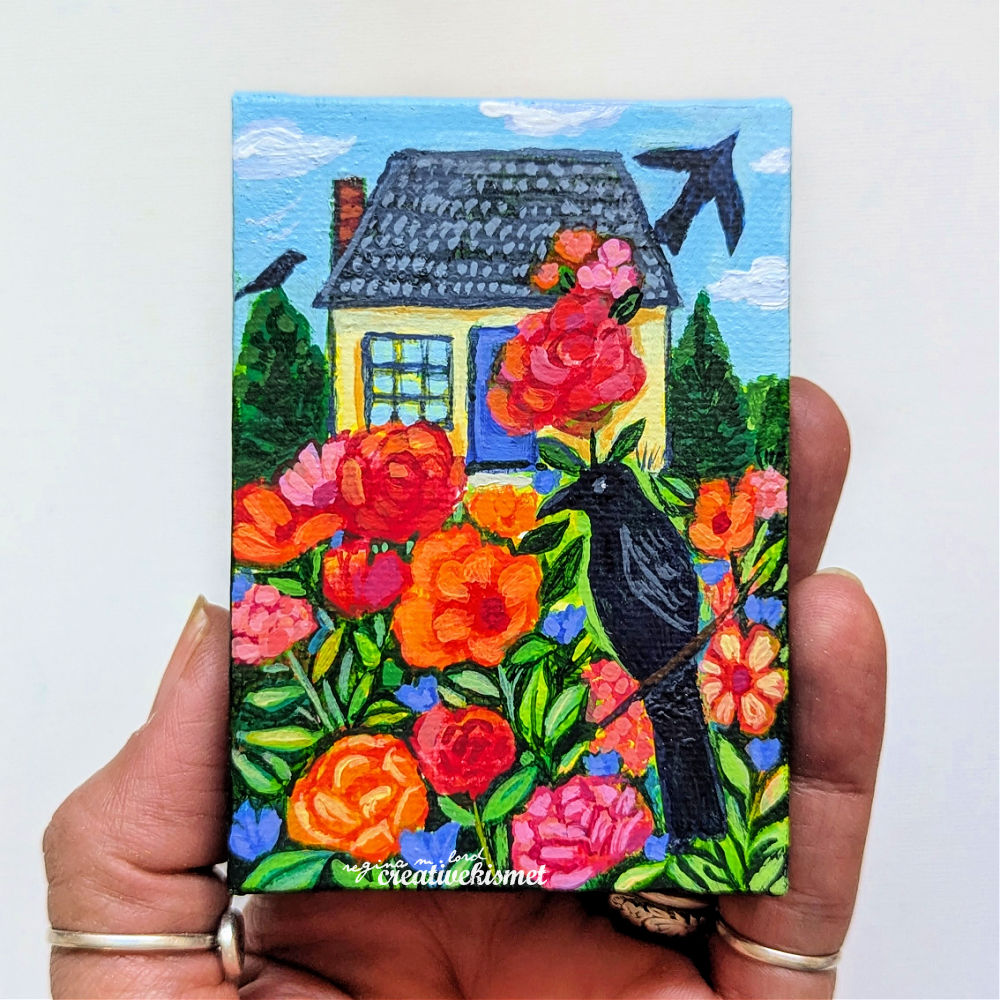 Mini Birds & Blooms - Raven House - 2.5 x 3.5 Original Art