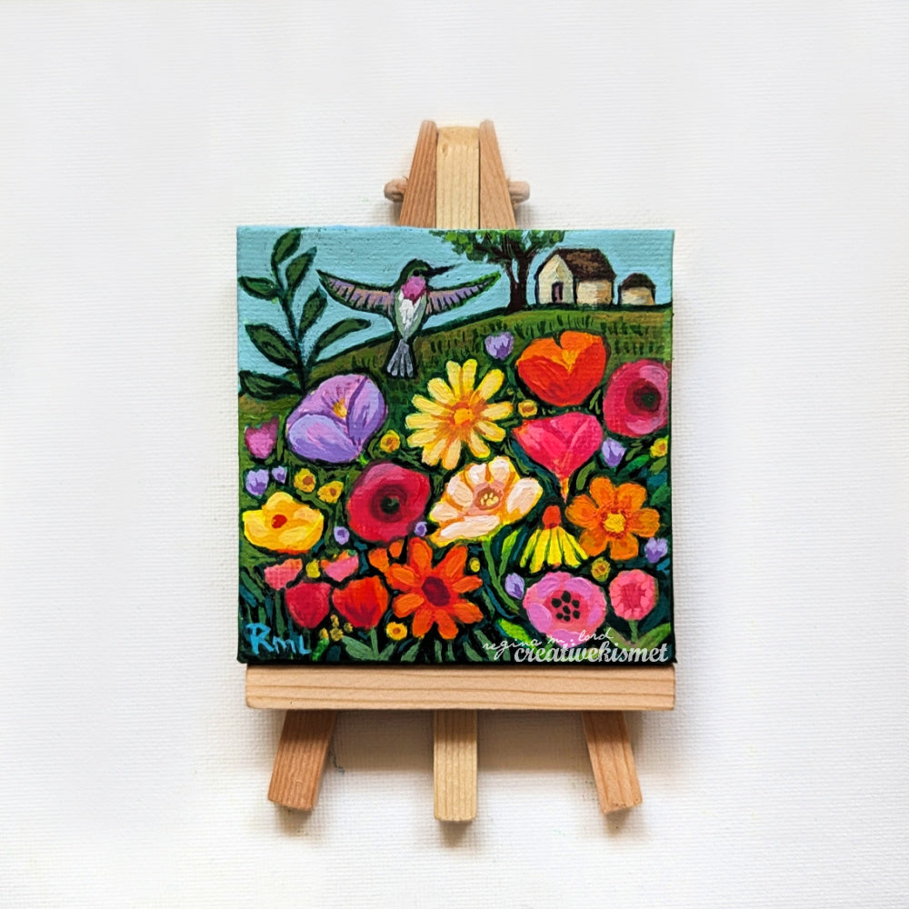 Mini Birds & Blooms - Hummingbird Visit - 3 x 3 Original Art