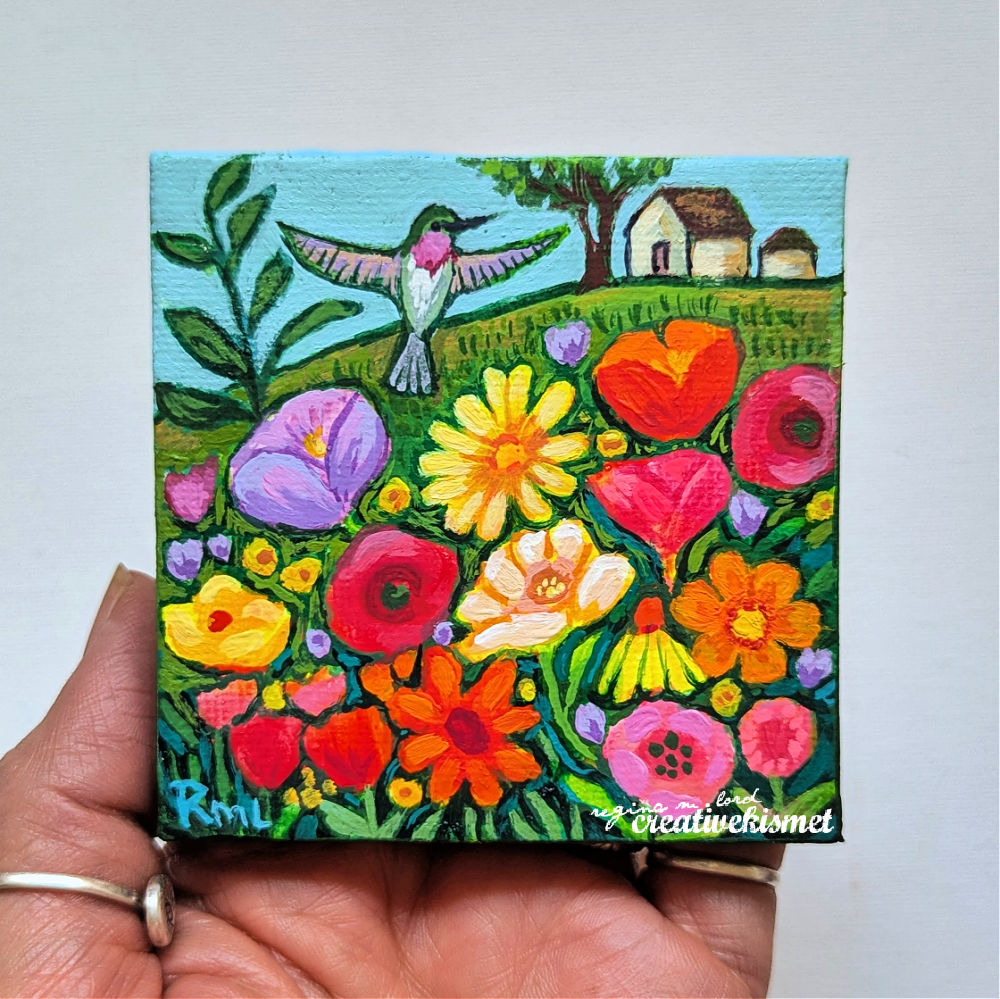 Mini Birds & Blooms - Hummingbird Visit - 3 x 3 Original Art