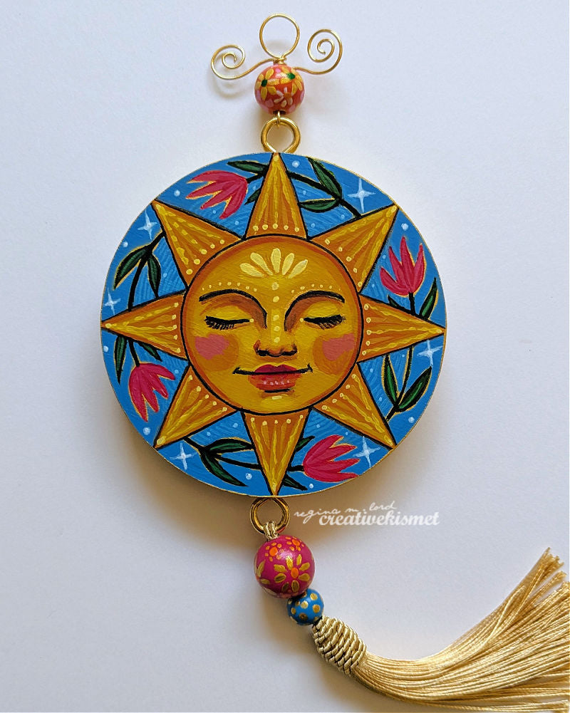 Celestial Dreaming Sun - 4" Round Original Artwork with Tassel