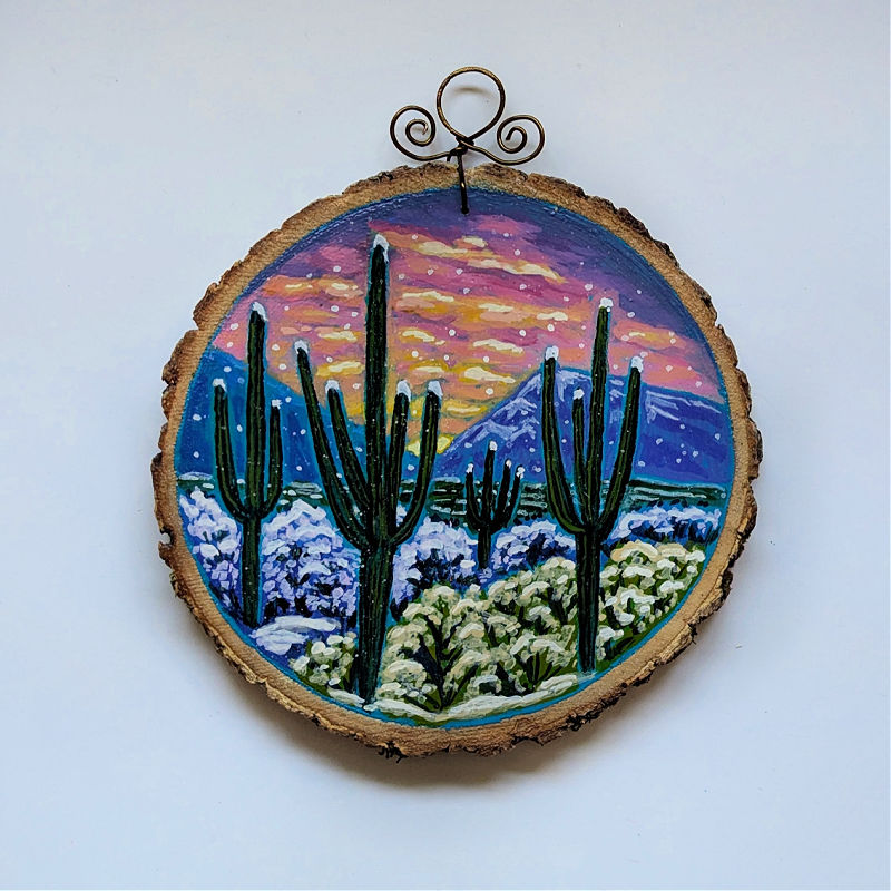 2025 Wood Slice Ornament - Winter Desert Scene