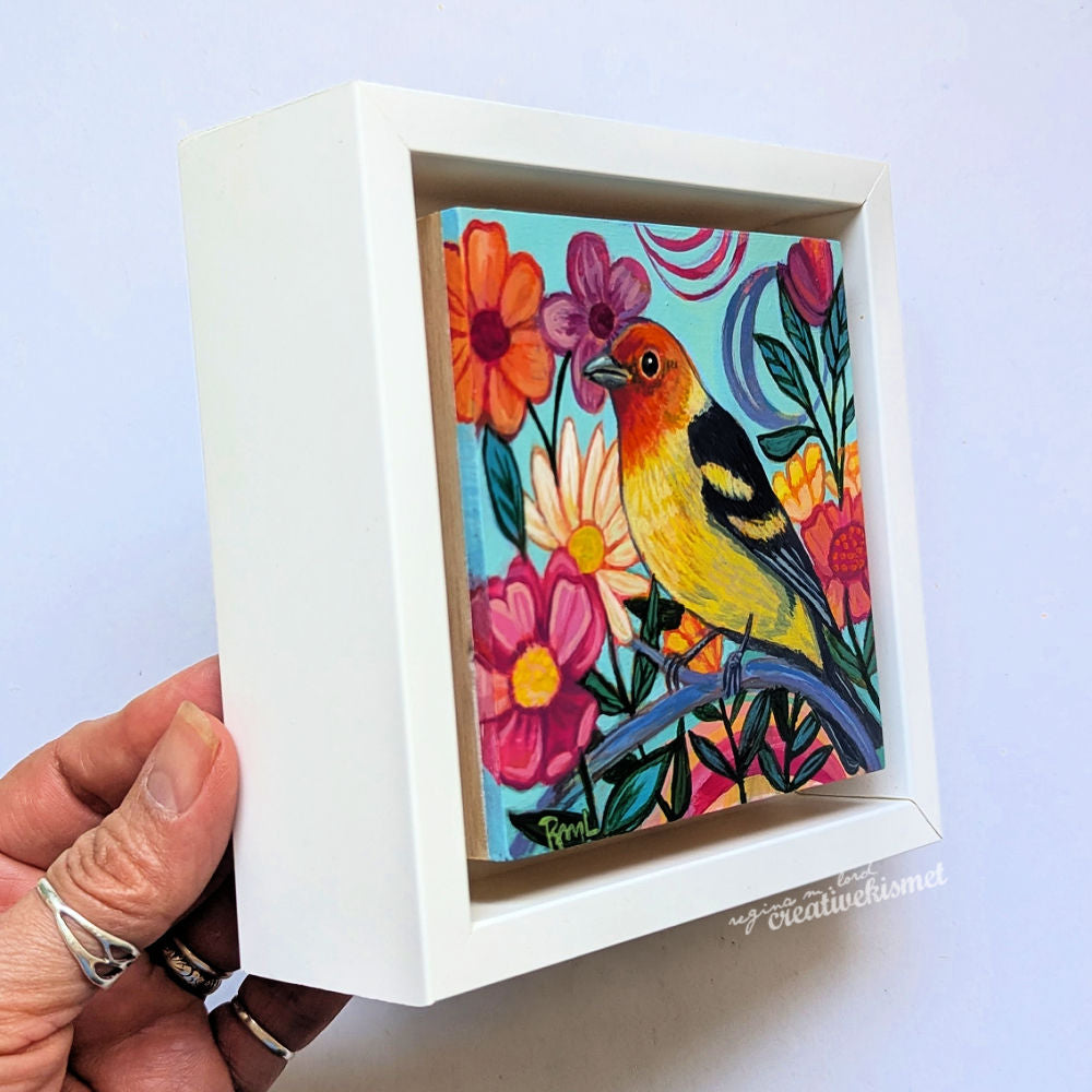 Flower Garden Bird - Western Tanager - 4 x 4 Framed Original Art