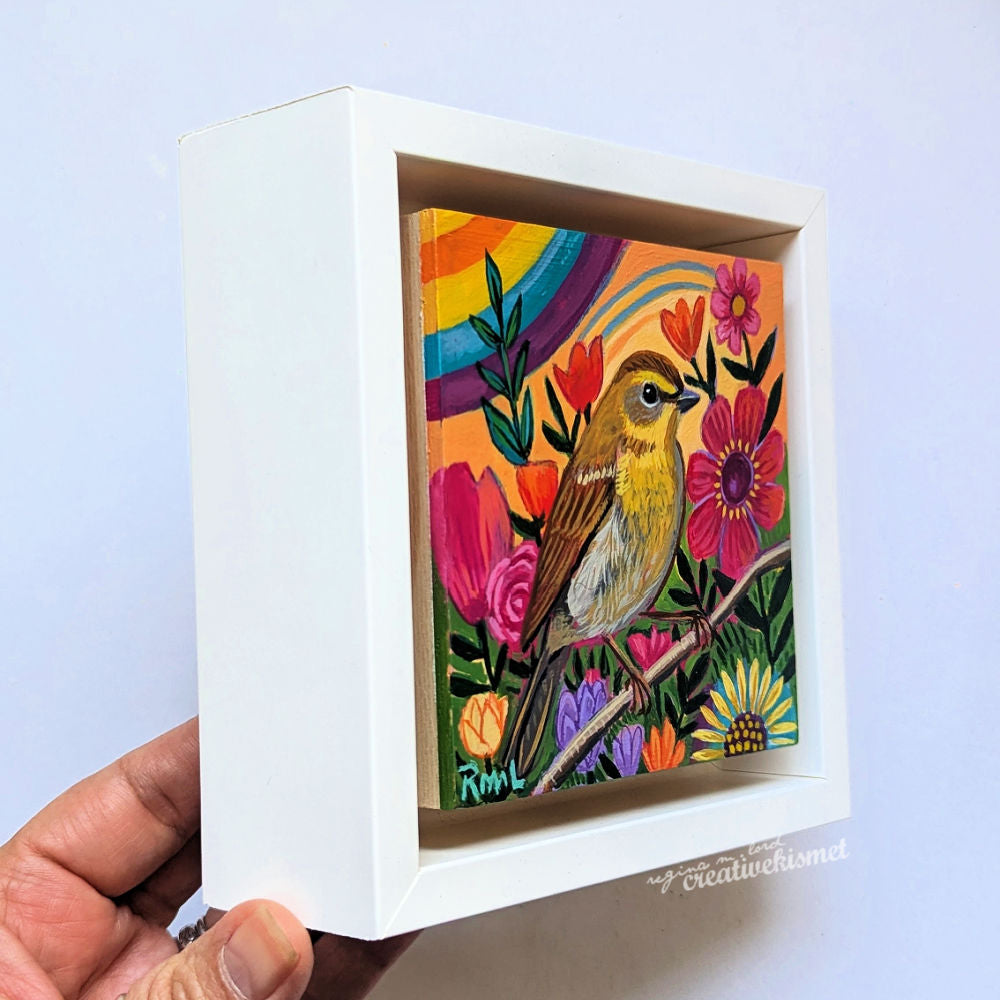 Flower Garden Bird - Yellow Warbler - 4 x 4 Framed Original Art