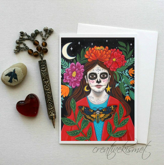 Day of the Dead - Under the Crescent Moon - 5x7 Art Card with Envelope