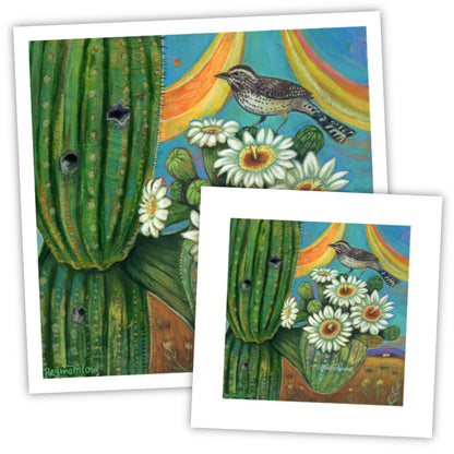 Cactus Wren with Saguaro Blooms - Art Print