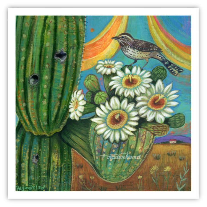 Cactus Wren with Saguaro Blooms - Art Print