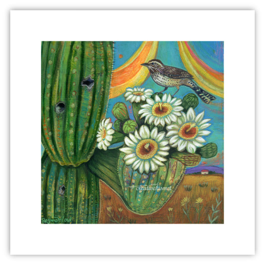 Cactus Wren with Saguaro Blooms - Art Print