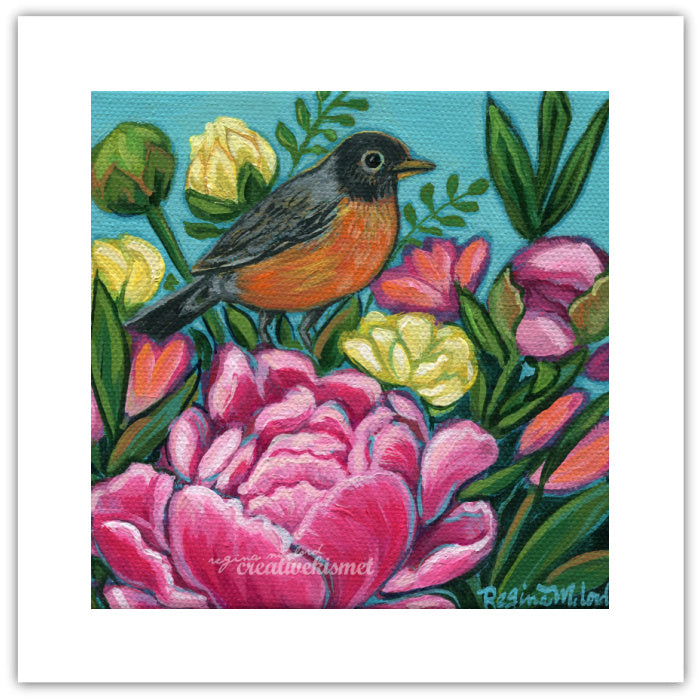 Robin with Peony Flowers - 8x8 Art Print