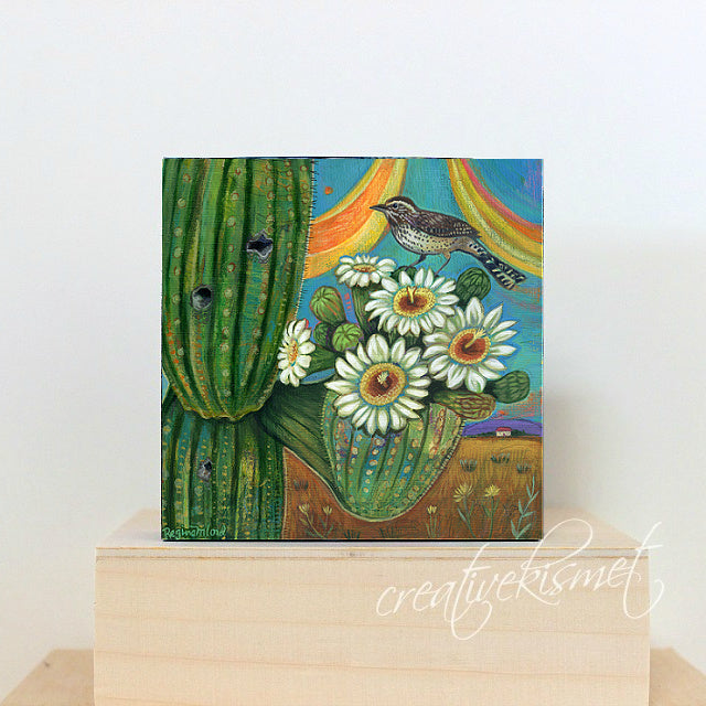 Art Block -Cactus Wren with Saguaro Blooms