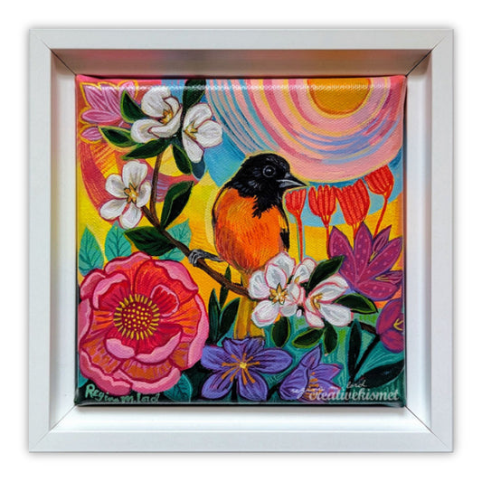 Orange Oriole Garden Morning - 6 x 6 Framed Original Art