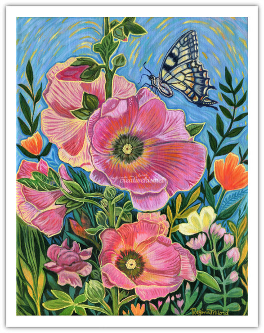 Pink Hollyhocks with Butterflies - Art Print