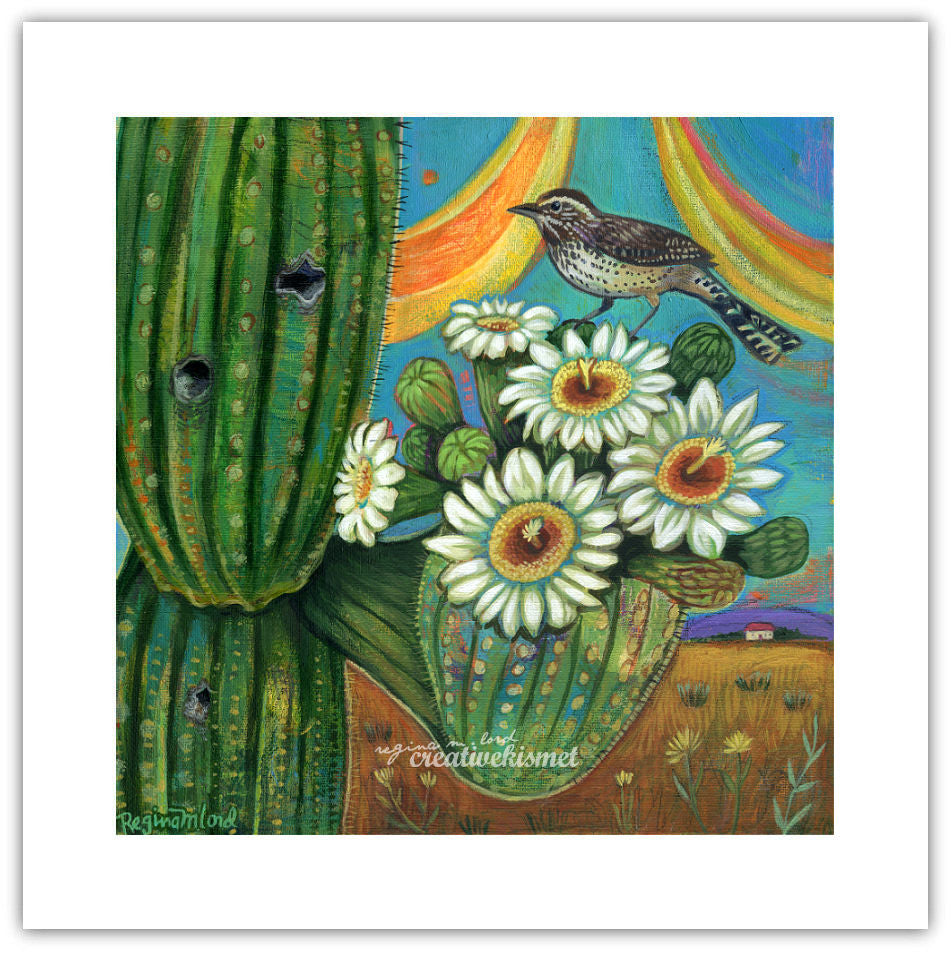 Cactus Wren with Saguaro Blooms - Art Print