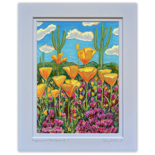 Poppies in the Desert - 8 x 10 Matted Original Art - Oil Pastel