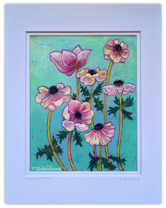 Pink Anemones - 11 x 14 Matted Original Painting - Oil Pastel