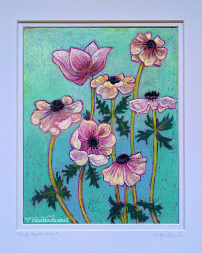 Pink Anemones - 11 x 14 Matted Original Painting - Oil Pastel