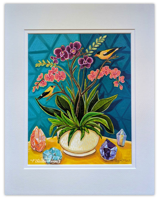 Orchids and Crystals - 11 x 14 Matted Original Painting