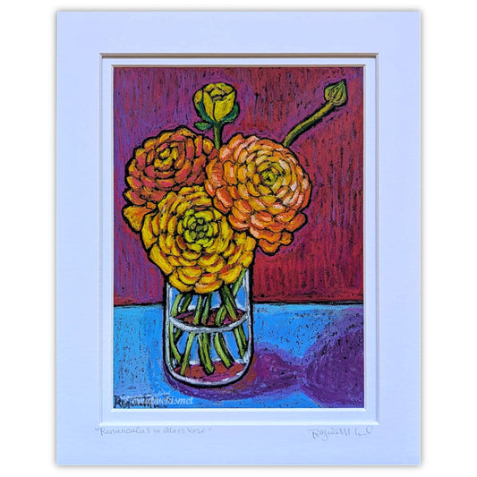 Ranunculus in Glass Vase - 8 x 10 Matted Original Art - Oil Pastel