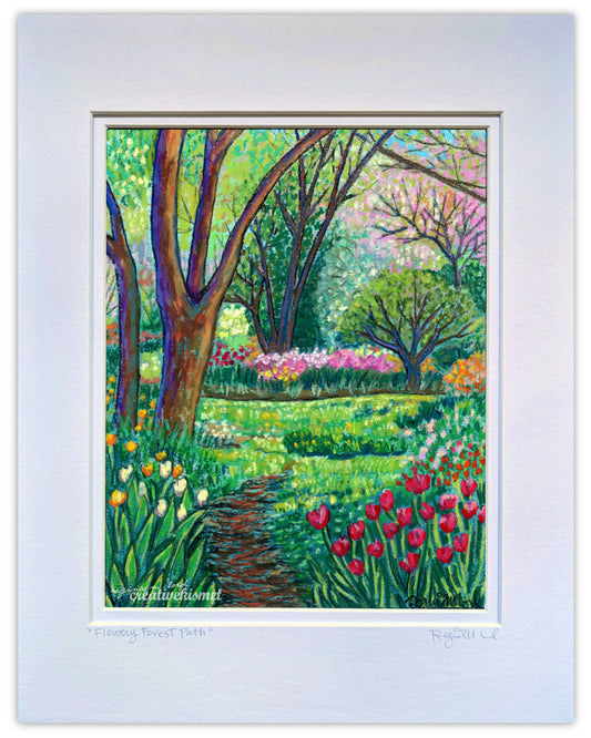 Flowery Forest Path - 11 x 14 Matted Original Painting - Oil Pastel