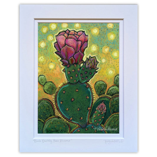 Pink Prickly Pear Bloom - 8 x 10 Matted Original Art - Oil Pastel