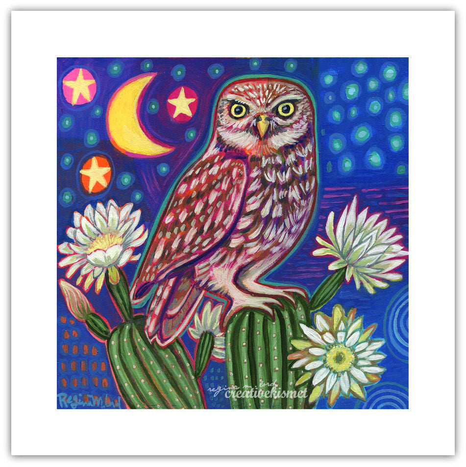 Night Owl with Cactus Blooms- Art Print
