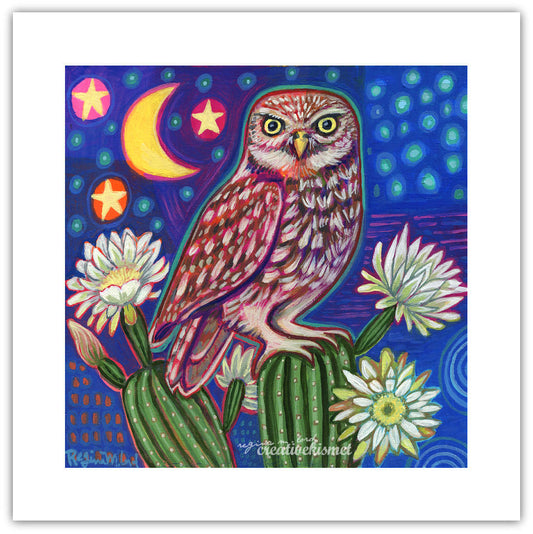 Night Owl with Cactus Blooms- Art Print
