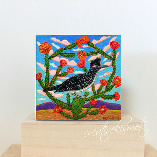 Art Block - Roadrunner with Cholla Blooms