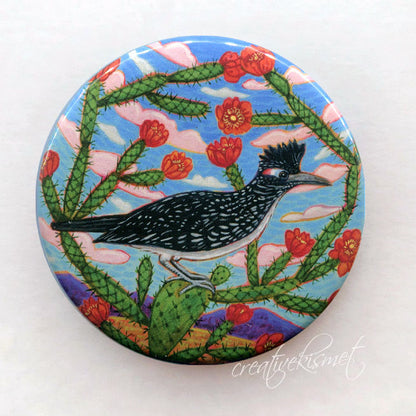 Roadrunner with Cholla Blooms - Pocket Mirror